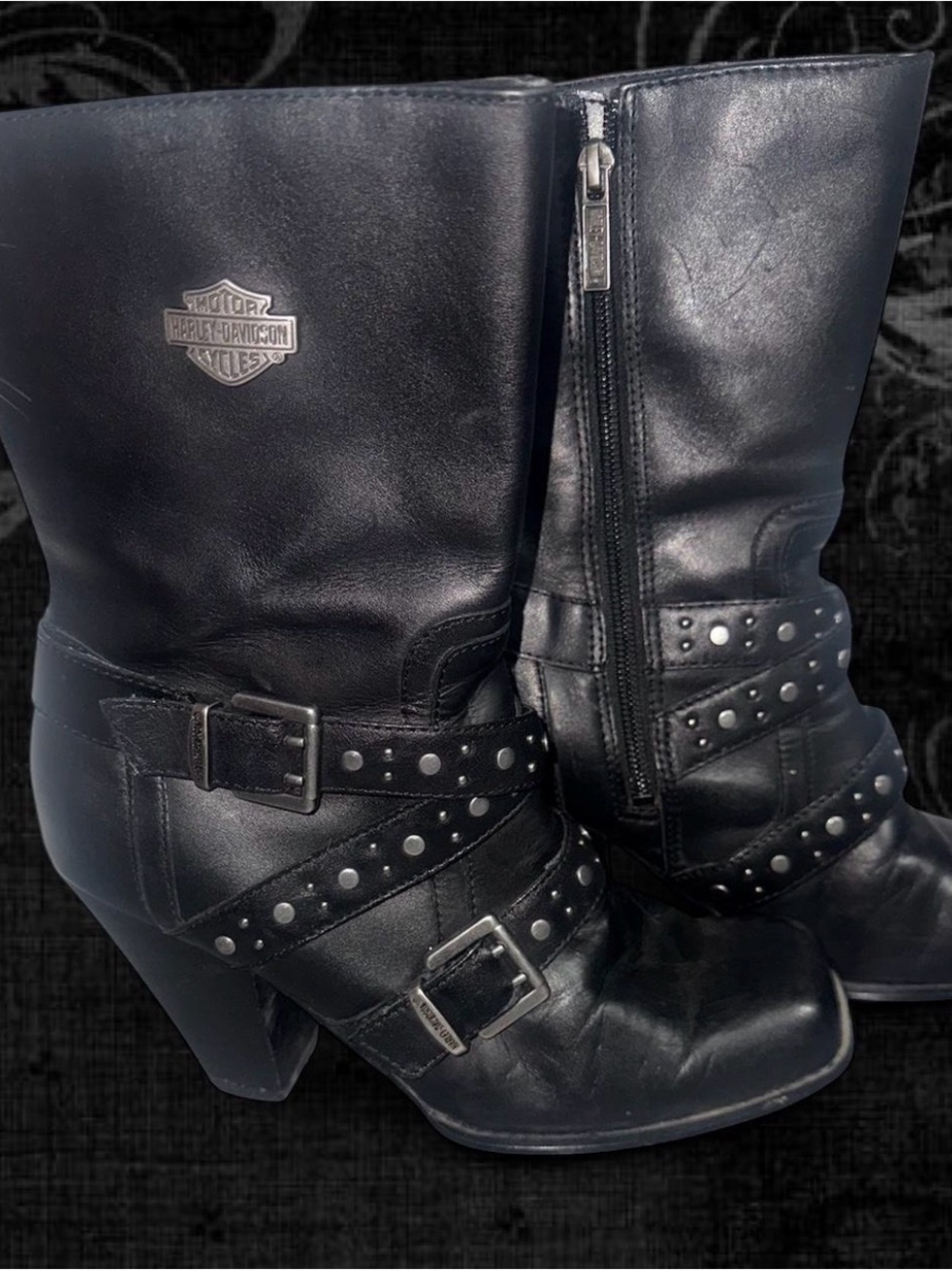 Harley-Davidson Black Studded Leather Mid-Calf Zip Boots